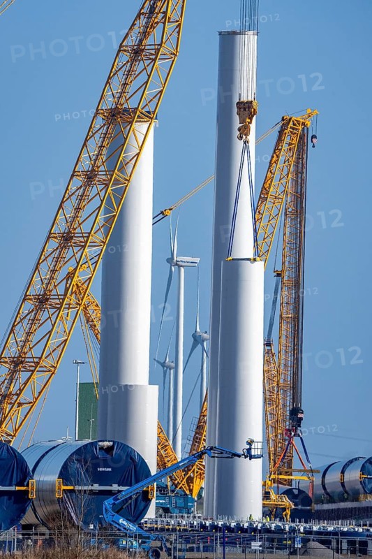 The seaport of Eemshaven, Julianahaven Basin, is where the components, rotors, tower components, technical gondolas, for offshore wind farms, which are then assembled into actual wind turbines, the components are transported to the wind farms in the North Sea with large working vessels and assembled there, Eemshaven, the Netherlands