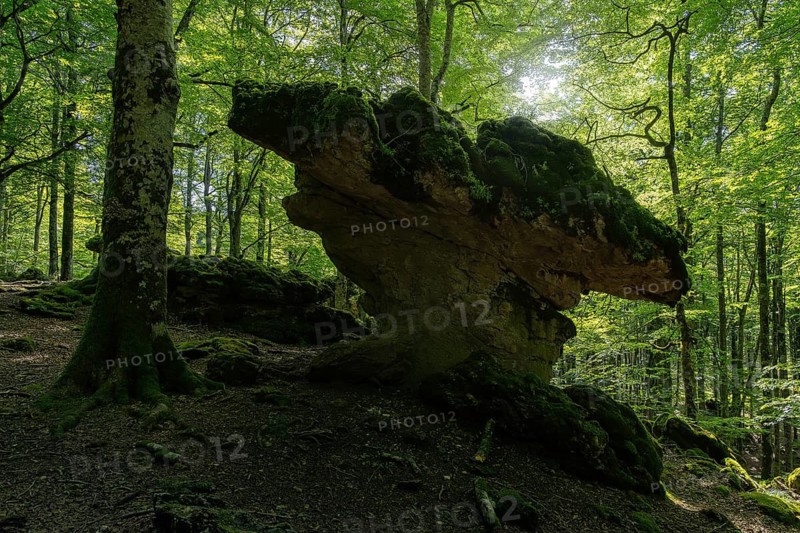 A striking rock formation covered in moss sits in the heart of a lush forest under the dappled sunlight. Located in Sierra de Urbasa, Navarra, Spain, this serene landscape captivates with its natural beauty and tranquil atmosphere