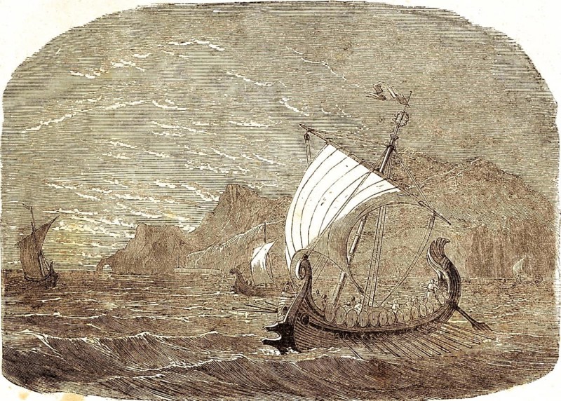 We sailed under Cyprus, off Sicily and Pamphylia and towards wind in Lycia, the Acts of the Apostles, chapter 27, verses 4ff, New Testament, adverse winds, headwinds, sailboats, rowers, high waves, swell, coast, ancient ships, full sails, strong wind, Bible, historical illustration 1850