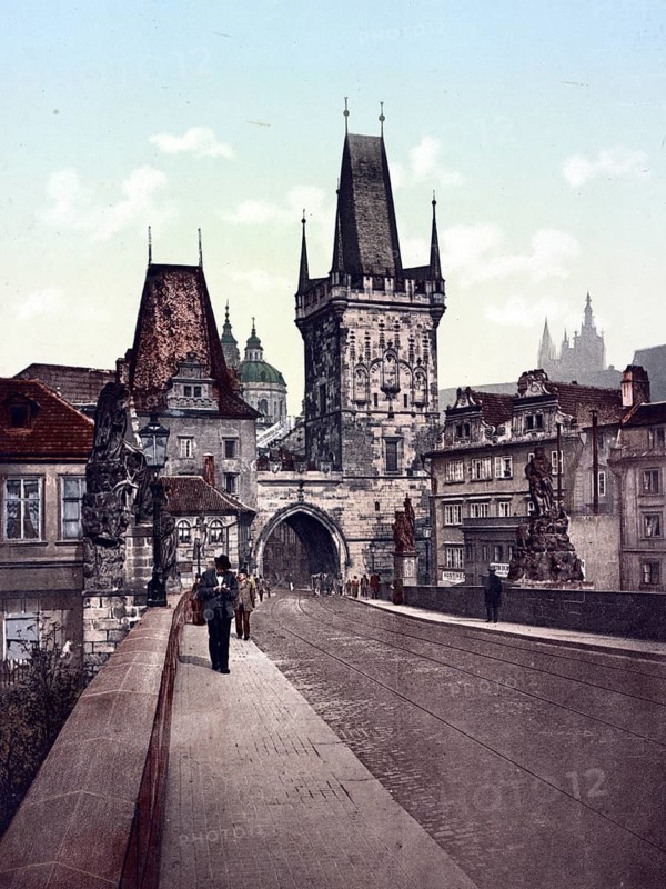 Lesser Town Bridge Tower, a Gothic gate tower in Prague. It stands at the western end of the Charles Bridge in Lesser Town, Czech Republic, Historic, digitally restored reproduction from a 19th century original, Record date not stated