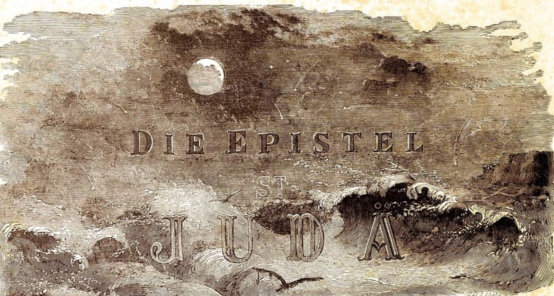 Introduction picture, epistle of Saint Judah, letter, Judas, thundering sea, high waves, storm, moon, stars, rocks, Bible, New Testament, historical illustration 1850