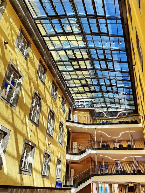 Interior view of the town hall, atrium with view of the town hall tower, Witten, Germany