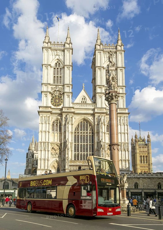 Towers and frontage of Westminster abbey church with Victoria Tower in background, Westminster, London, England, UK