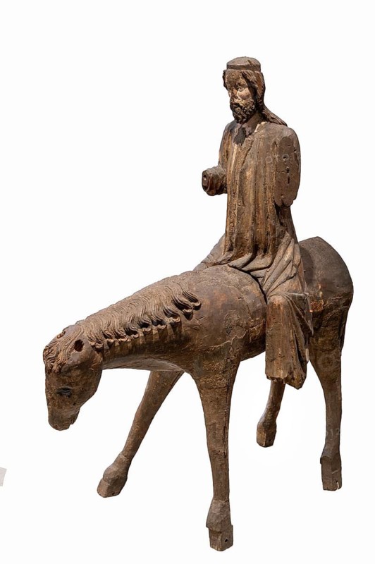Palm tree donkey, wooden figure from around 1350, on a white background, Diocesan Museum, Rottenburg, Baden-Württemberg, Germany