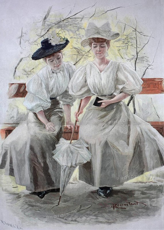 Two elegant young woman from better society on a park bench on Sunday afternoon. Colour print as art supplement Zur guten Stunde, 1897. After a painting by E. Rosenstand, Historic, digitally restored reproduction of an original 19th century original