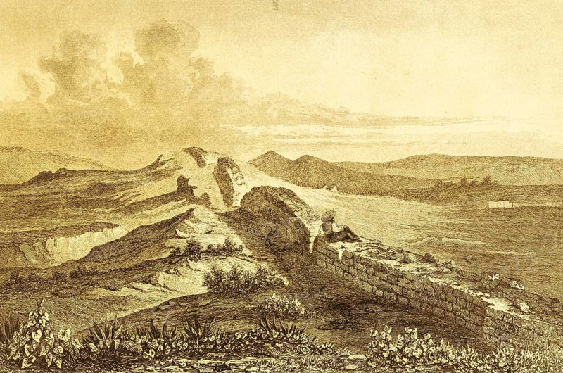 Hadrian's Wall, Roman Hadrian's Wall, Limes, Emperor Hadrian, stone wall, visitor, near border with Scotland, mountainous landscape, Northumberland, England, Great Britain, steel engraving, historical illustration 1842