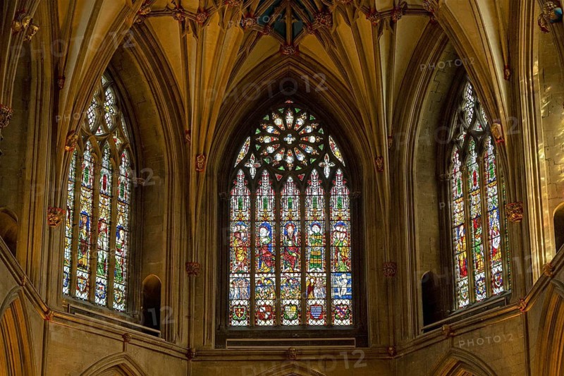 Stained glass window, former abbey church, Tewkesbury, Gloucestershire, England, United Kingdom