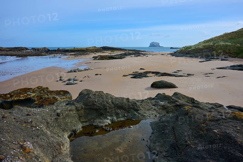 Pristine coastal area with rocks and sand against blue sky and sea, Bass Rock, North Berwick, East Lothian, Scotland, United Kingdom, Great Britain