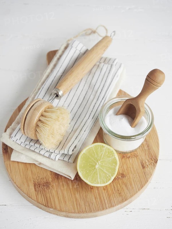 Home cleaning with natural products and zero waste. Baking soda and lemon. Natural bristle brush and cotton cloths