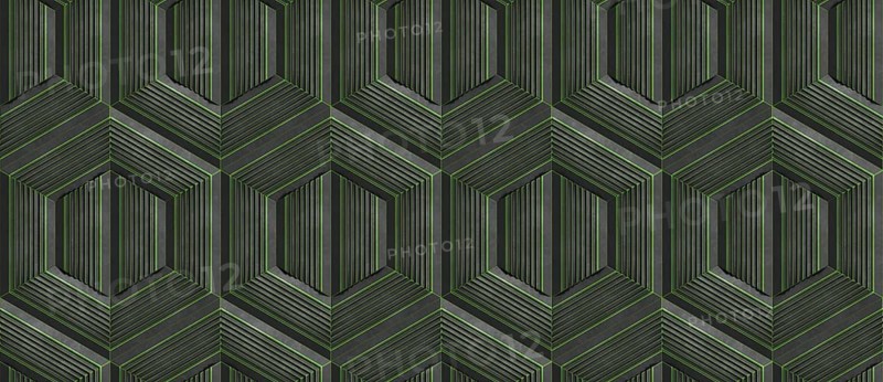 A seamless, geometric wallpaper design featuring 3D hexagons outlined by vibrant green and dark stripes, creating a visually engaging texture for various creative applications