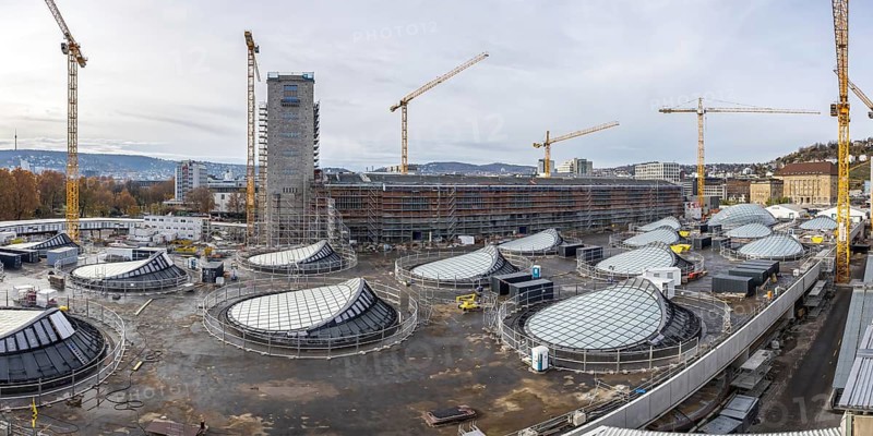 Stuttgart 21 construction site with light eyes on the roof of the Panorama transit station in Stuttgart, Germany