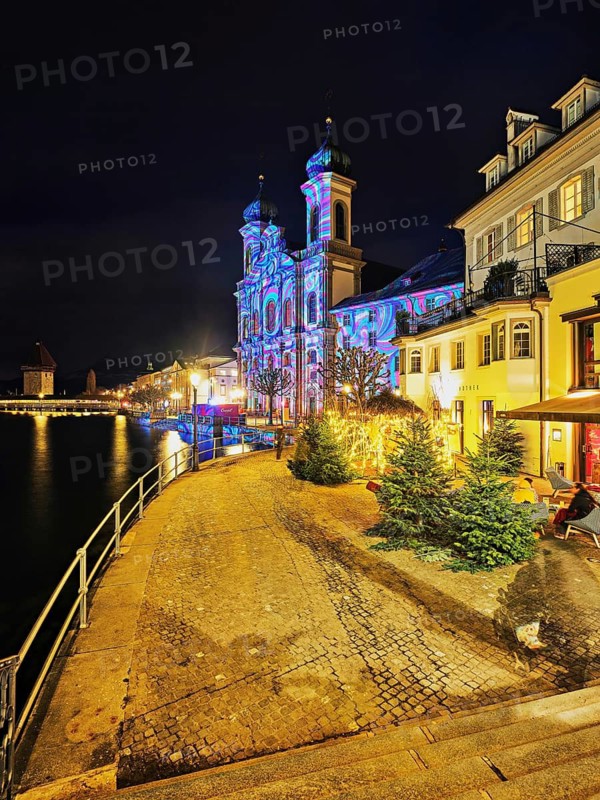 Jesuit Church, light installation at dusk, Old Town, Lilu, Light Festival 2023, Lucerne, Canton of Lucerne, Switzerland