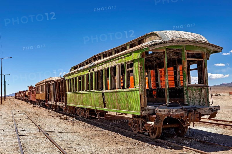 Abandoned green passenger car on rails in a desert landscape in sunshine, railroad cars in the town of Ollagüe in the Chilean Atacama Desert