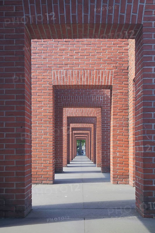 Geometric brick arcade, rectangular passage, brick building, vanishing point, archways, perspective, geometric, modern building, German National Library, Frankfurt am Main, Hesse, Germany