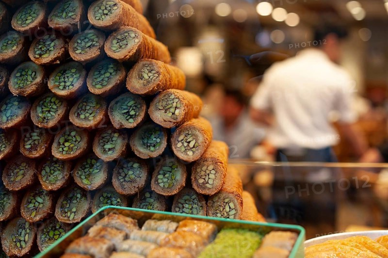 Istanbul, Turkey. June 7th 2019 Turkish Baklava displayed in a shop window along Istiklal street, Taksim, Istanbul, Turkey