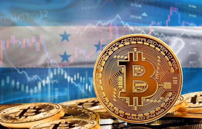 Investors in cryptocurrency and Blockchain Technology in Honduras, Concept. Bitcoin with Honduran flag in the background