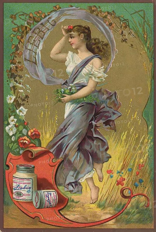 Series of pictures of cheerful, carefree woman, Liebig picture, digitally restored reproduction of a collector's picture from around 1900, public domain, exact date unknown, woman with a wreath of flowers and a scarf over a field-like background