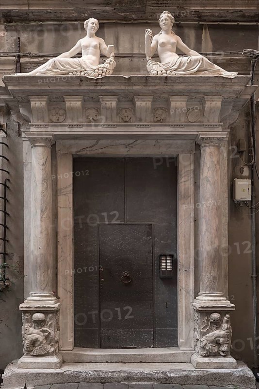 Entrance portal of the former Palazzo di Vincenzo or Palazzo Cicala, built in 1542, Piazza dell'Agnello, Genoa, Italy