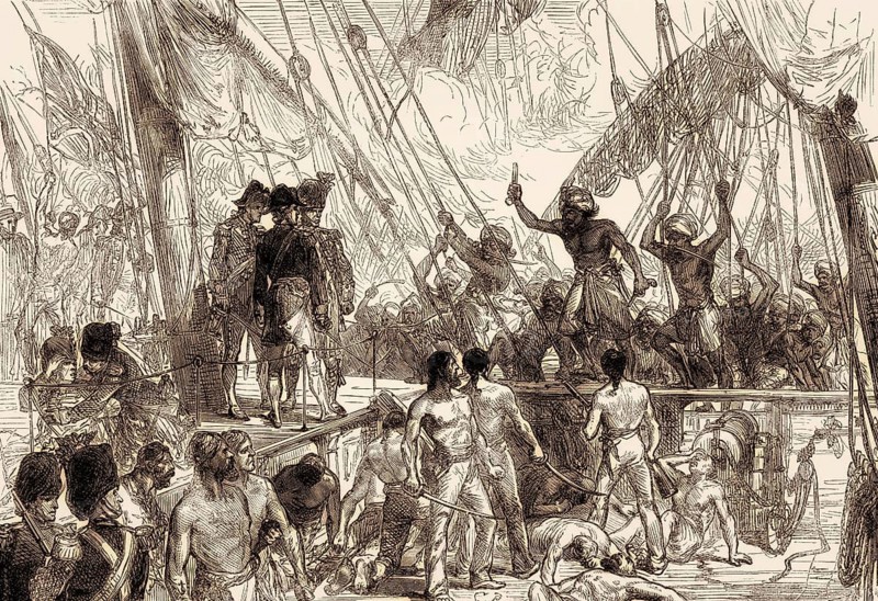 Maratha sailors boarding the East India Company ship Ranger, 5 April 1783, From British Battles on Land and Sea, by James Grant