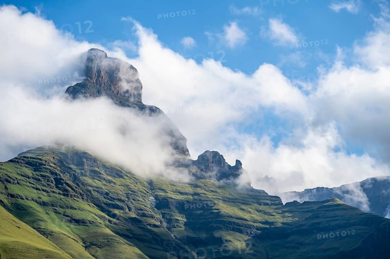 Drakensberg Mountains and Cliffs with Fog, Amphitheatre, Drakensberg National Park, KwaZulu Natal, South Africa