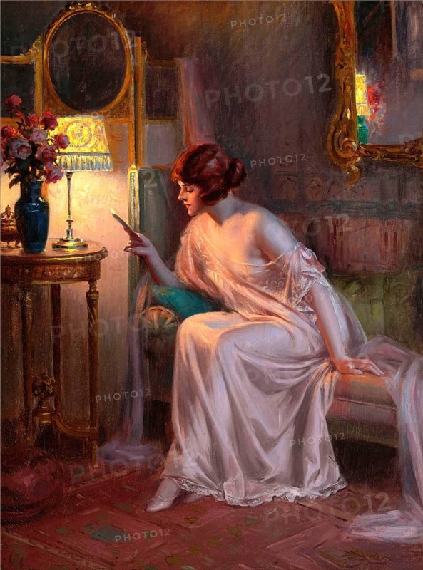 Before Bedtime, also known as Prima Di Andare A Letto, is a well-known oil painting by the French academic painter Delphin Enjolras (1857-1945) . It is a characteristic example of his work, often depicting elegant young woman in intimate, domestic moments illuminated by soft lamplight, illustration, reproduction from a painting. Authentic, file restored for optimal use, exact date of original unknown, Historic, Woman in elegant dress comfortably seated reading a letter by lamplight