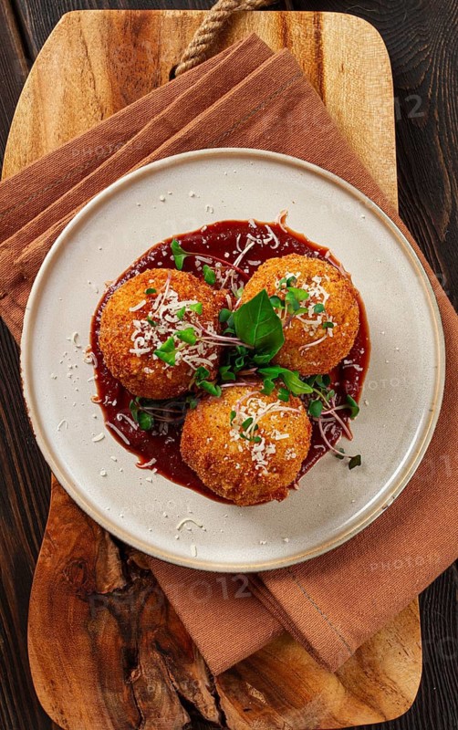 Crispy Arancini appetizer, with parmesan cheese and microgreens, plate, tomato sauce, homemade, no people