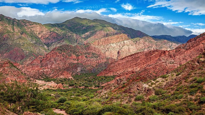 A mountainous landscape with red rocks and thick vegetation under a blue sky with clouds, The landscape and colorful rock formations of the Quebrada de Cafayate near Salta in Argentina