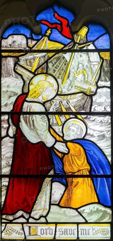 Detail of stained glass window Resurrection by Burlison & Grylls c 1880, Kelsale church, Suffolk, England, UK, Lord save Me