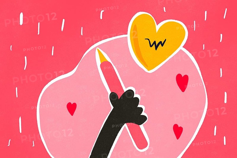 An artistic illustration of a black silhouette hand drawing a golden heart with a red pencil on a vibrant pink background, adorned with smaller hearts