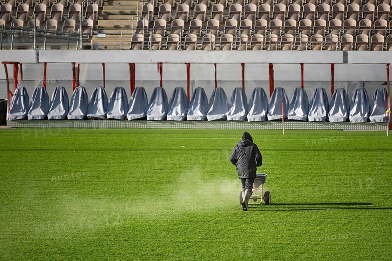 Groundsman spreads fertilizer for grass on a football pitch