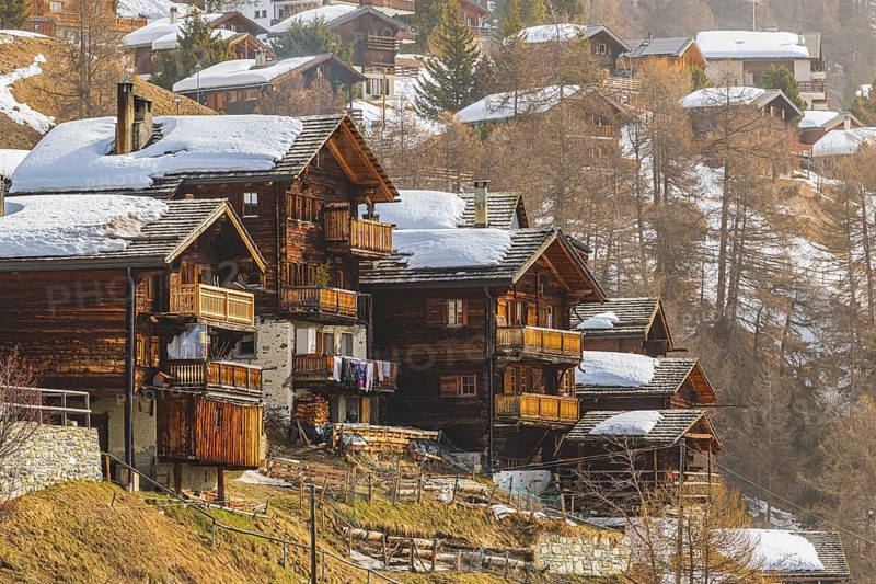 Snow-covered old farmhouses, historic town center, Chandolin, Val d'Anniviers, Valais Alps, Canton of Valais, Switzerland