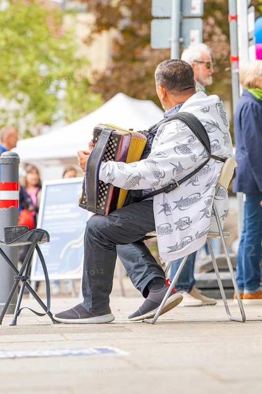 Man playing accordion on the street while sitting on a folding chair, Sindelfingen, Böblingen district, Germany
