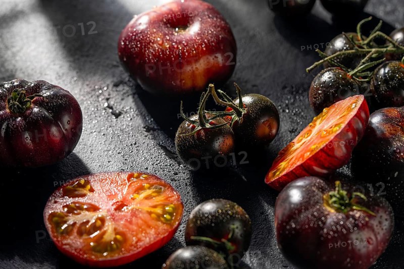 A selection of diverse heirloom tomatoes, including halved and whole, glistening with water droplets, displayed on a dark surface for a rustic, organic feel
