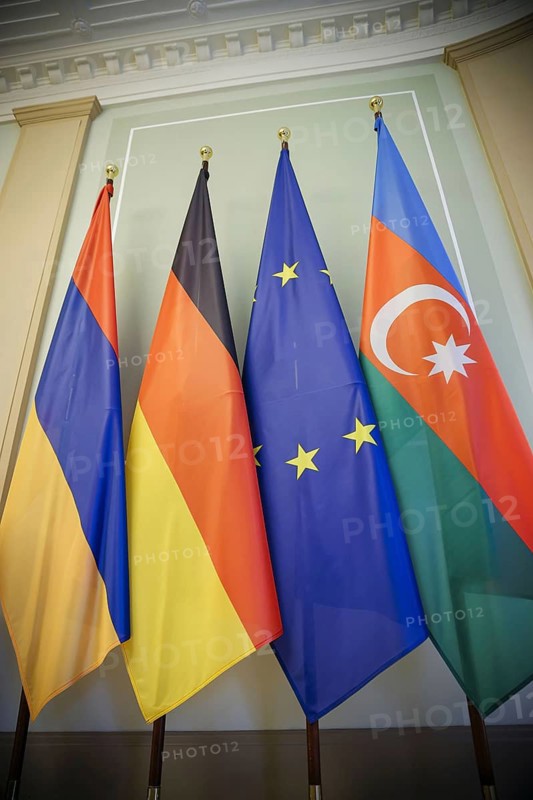 Trilateral meeting at Villa Borsig between Germany, Armenia and Azerbaijan. Flags of Germany, Armenia, Azerbaijan and the European Union. Berlin, 28.02.2024. Photographed on behalf of the Federal Foreign Office