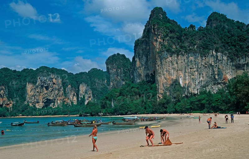 People, longtail boats, beach, Railay West, two years in front of the tsunami, Krabi, Thailand, December 2002, vintage, retro, old, historic