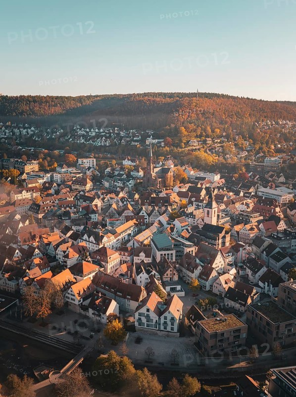 Cityscape from above with autumnal colours and wooded hills in the background, Nagold, Black Forest, Germany