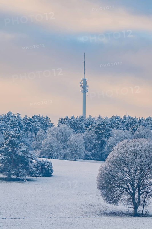 A tower rises above a snowy landscape with trees under a cloudy sky, district of Calw, Germany