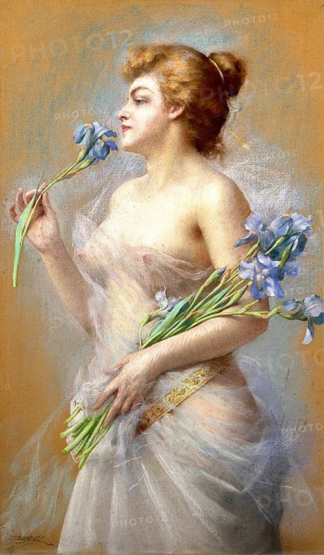 Woman with Irises, Femme aux iris, an important pastel painting by the French academic painter Delphin Enjolras (1857-1945) . The painting shows a young blonde woman who is almost completely naked, covered only by a gauzy white gauze fabric. She is captured smelling a bouquet of irises, illustration, reproduction from a painting. Authentic, File restored for optimal use, Exact date of original unknown, Historic, A woman holds a bouquet of blue iris flowers surrounded by soft pastel colours