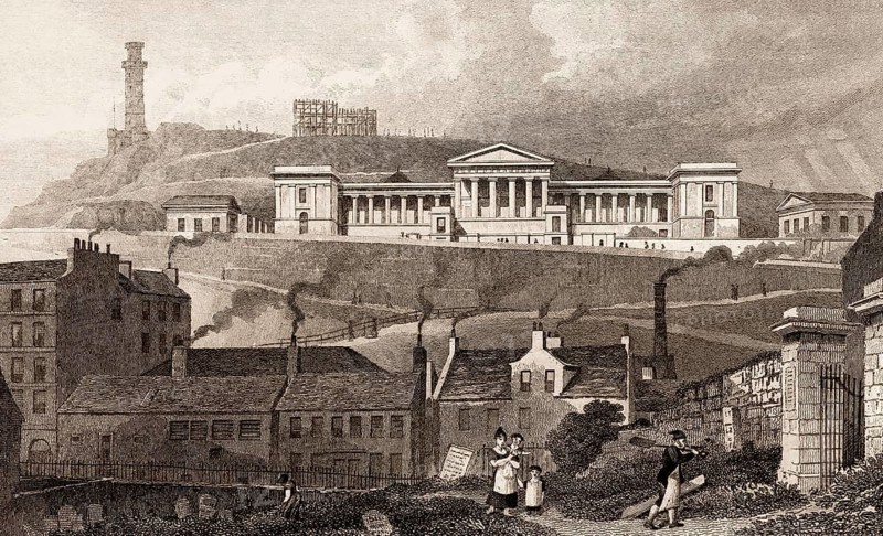 The Old Royal High School, Calton Hill, from the Canon-Gate Church Yard, Edinburgh, Scotland, 19th century, from Modern Athens by Th. H. Shepherd