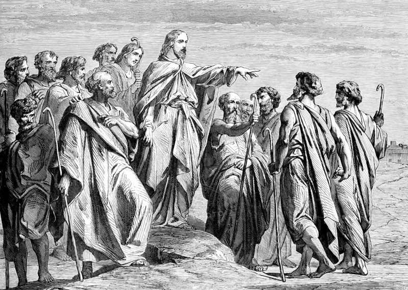 Sending the Twelve Apostles, Chapter 10, Verse 5, Matthew Gospel, Disciples of Jesus, Walking Staff, Command, Lost Believers, Preaching, Kingdom of Heaven, House of Israel, New Testament, Bible, Historical Illustration 1850