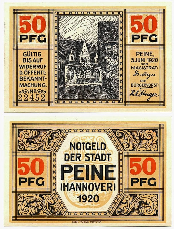 Banknote, emergency money, war emergency money, 50 Pfennig, town of Peine, 1920, Germany, reproduction of a historical banknote