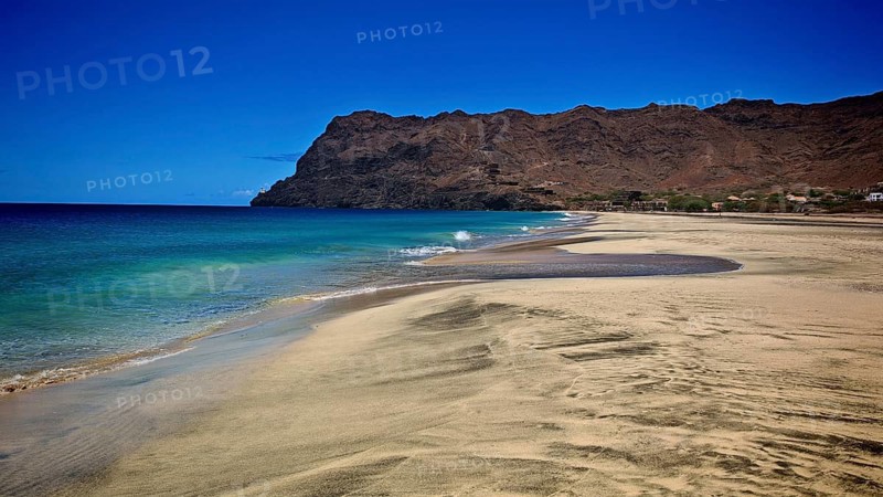 An extensive sandy beach on a clear coastline with calm waves, hiking, Sao Pedro, Sao Vicente, Cabo Verde, Cape Verde, Cape Verde