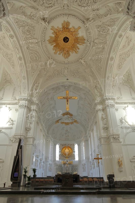 Interior view with ceiling fresco and crucifix from the Romanesque UNESCO Kiliansdom, St. Kilian, Cathedral, Chancel, Würzburg, Lower Franconia, Franconia, Bavaria, Germany