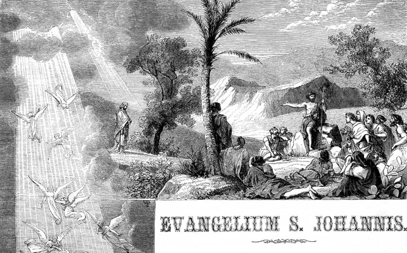 Introductory picture to the Gospel of John, in the beginning was the word, apostle John, New Testament, mountains, countryside, nature, rays of light, Jesus, angel, title, inscription, Bible, historical illustration 1850
