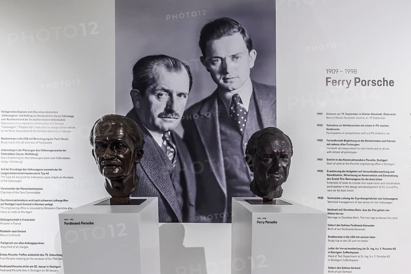 Porsche Museum Stuttgart-Zuffenhausen. Ferdinand Porsche, Ferry Porsche. Busts of legendary designers. The automotive museum of Dr. Ing. h.c. F. Porsche AG shows racing cars and iconic cars from automotive history. Stuttgart, Baden-Württemberg, Germany