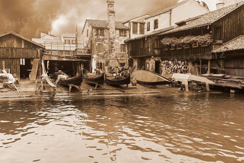 Boatyard for Venetian gondolas in the Dorsoduro district, Sepia, Venice, Veneto, Italy