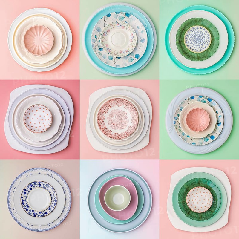 A collage of nine artistic plate arrangements on pastel backgrounds. Each set features different colors and intricate patterns, perfect for kitchen or decor concepts