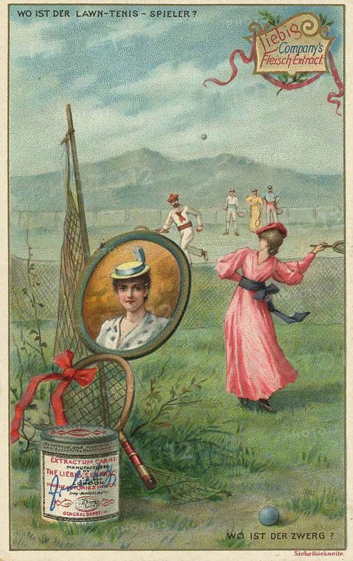 Picture series Riddle, where is the Lawn Tennis Player, Liebig picture, digitally restored reproduction of a collector's picture from ca 1900, public domain, exact date unknown, scene of a tennis match in Edwardian style with a woman in a pink dress