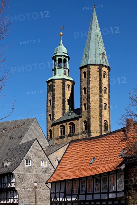 The two unequal towers of the Protestant-Lutheran market church of St Cosmas and Damian in the old town, Goslar, UNESCO World Heritage Site, Lower Saxony, Germany