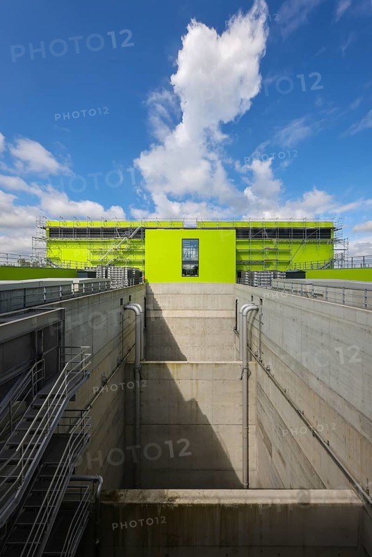 Oberhausen, North Rhine-Westphalia, Germany - Emscher conversion, new Emscher AKE sewer, here the new Oberhausen pumping station, Germany's largest wastewater pumping station, uses 10 pumps to pump up to 16, 500 litres of wastewater per second from a depth of around 40 metres. The ecological conversion of the Emscher system consists of the construction of a central wastewater treatment system in the Ruhr region, the construction of sewers and the renaturalisation of the Emscher and its tributaries